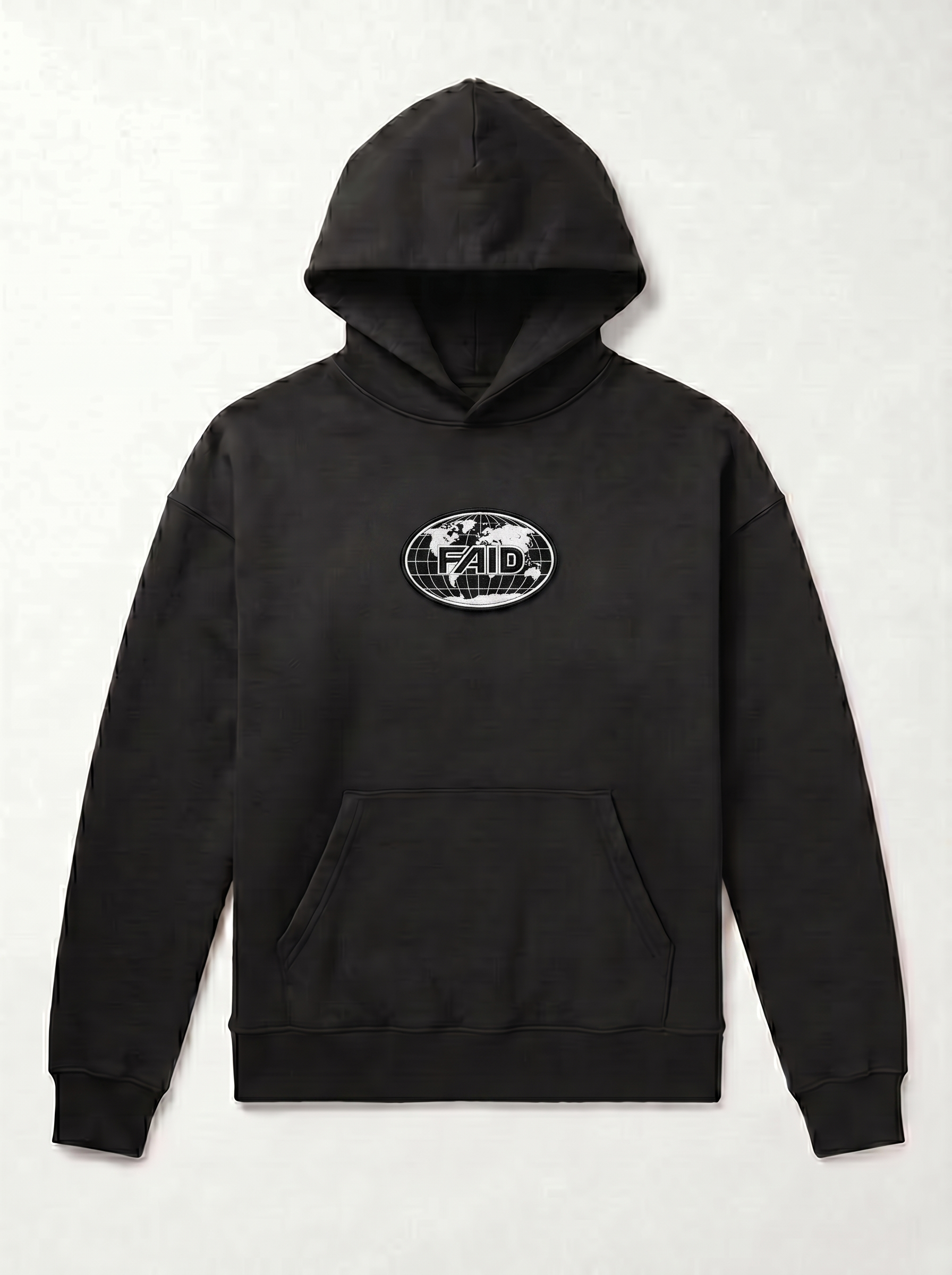 FAID heavyweight hoodie, black with black and white logo