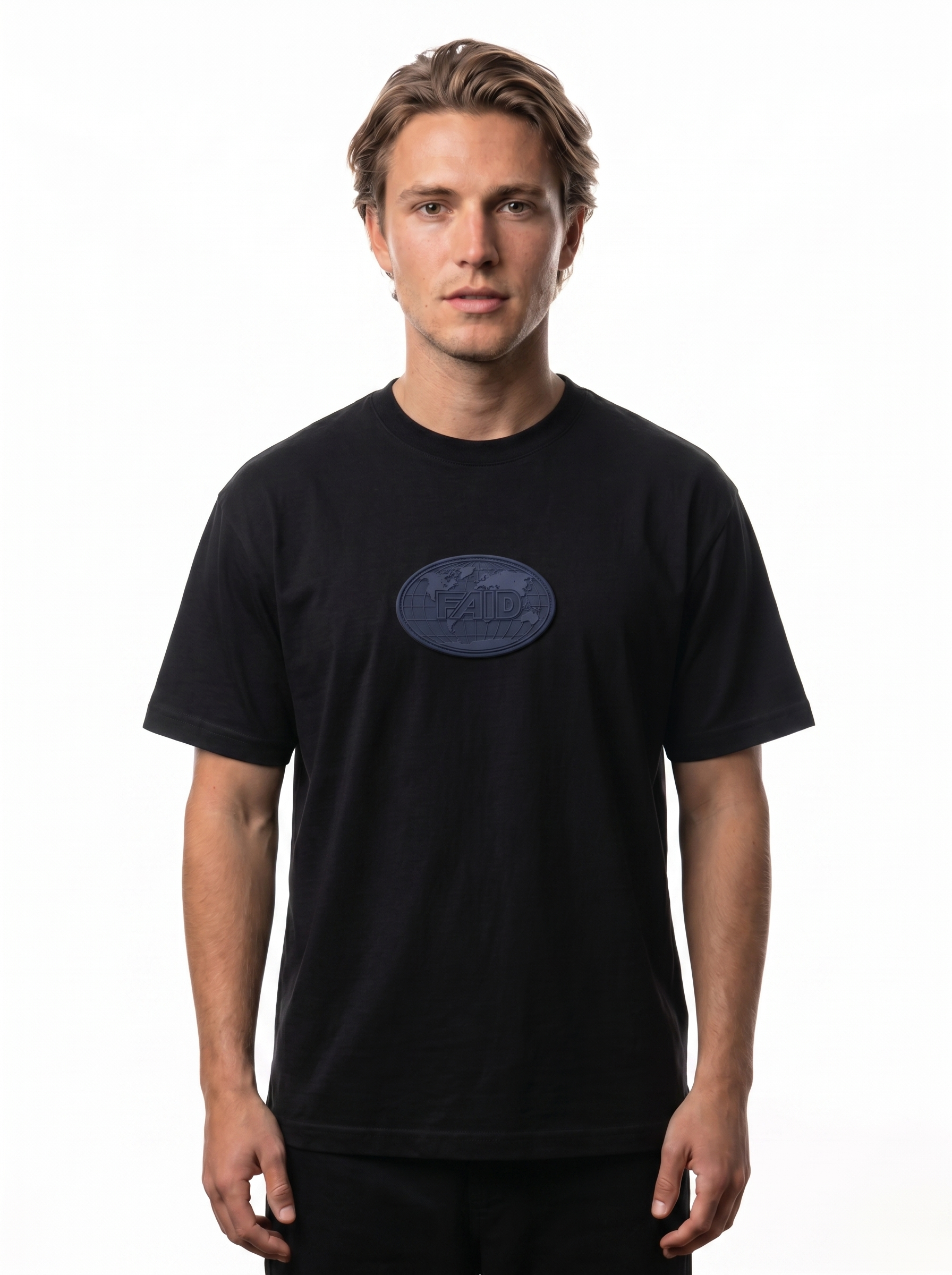 FAID Globe Tee in black, front on model