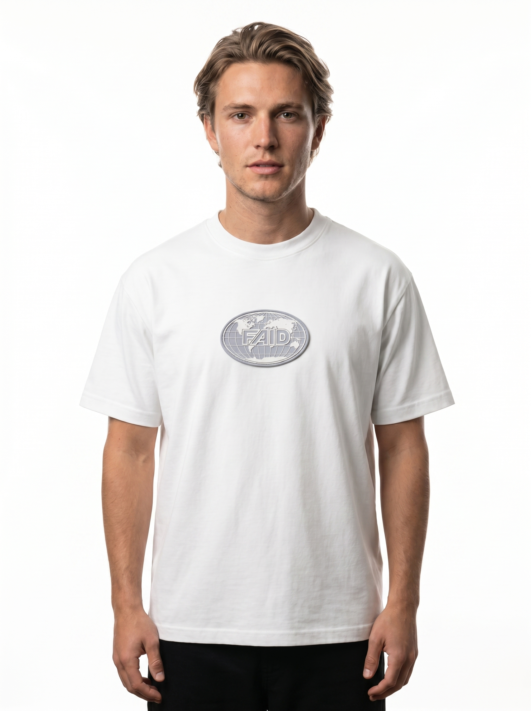 FAID Globe Tee in white, front on model